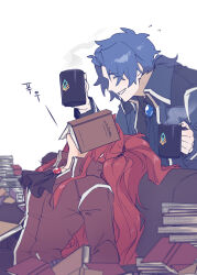 Rule 34 | 1boy, 1girl, ascot, black ascot, blue ascot, blue gemstone, blue hair, book, book on head, book stack, brooch, chesed (project moon), closed eyes, coat, cup, flying sweatdrops, gebura (project moon), gem, grin, high ponytail, highres, holding, holding cup, jewelry, jyanjyan, library of ruina, long hair, low ponytail, mug, object on head, project moon, red coat, red gemstone, red hair, simple background, smile, steam, very long hair, white background