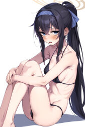 Rule 34 | 1girl, bikini, black bikini, black hair, blue archive, blue eyes, blue hairband, blush, breasts, commentary request, crossed bangs, dosu (doseven), hair between eyes, hairband, halo, legs, long hair, looking at viewer, medium breasts, navel, o-ring, o-ring bikini, o-ring bottom, o-ring top, official alternate costume, ponytail, ribs, simple background, sitting, solo, swimsuit, thighs, ui (blue archive), ui (swimsuit) (blue archive), white background