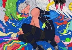 Rule 34 | 1boy, archer (fate), cloud, colorful, dragon, fate/stay night, fate (series), male focus, rabbitseijin, scarf, sleeveless, solo, sword, weapon, white hair, wings