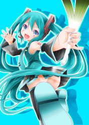 Rule 34 | 1girl, aqua hair, blue background, blue eyes, boots, detached sleeves, fang, hatsune miku, headset, long hair, looking back, makoto5391, necktie, open mouth, solo, spring onion, thigh boots, thighhighs, twintails, very long hair, vocaloid