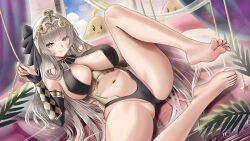 1girl absurdres ancient_egyptian_clothes arm_up azur_lane bare_shoulders bartolomeo_colleoni_(azur_lane) bartolomeo_colleoni_(the_empress&#039;_romantic_ambush)_(azur_lane) blush bracelet breasts bridal_gauntlets brown_hair buko_(bukosuki) cleavage clothing_cutout hair_ornament highres huge_breasts jewelry long_hair looking_at_viewer lying manjuu_(azur_lane) navel navel_cutout official_alternate_costume on_back short_eyebrows sideboob smile snake_hair_ornament solo spread_legs thick_eyebrows thighs toes uraeus very_long_hair