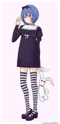 Rule 34 | ayanami rei, blue hair, full body, mary janes, neon genesis evangelion, rabbit, red eyes, ribbon, shoes, simple background, solo, striped, thighhighs