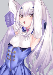 Rule 34 | 1girl, absurdres, armpit focus, armpits, arms behind head, arms up, blue dress, blush, breasts, detached sleeves, dress, melusine (fate), melusine (second ascension) (fate), fate/grand order, fate (series), highres, long hair, looking at viewer, open mouth, small breasts, solo, translated, upper body, watosu, white hair, yellow eyes
