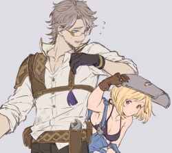 Rule 34 | 1boy, 1girl, bikini, breasts, brown gloves, cleavage, collared shirt, djeeta (granblue fantasy), from behind, glasses, gloves, granblue fantasy, hand on mask, isaac (granblue fantasy), mechanic (granblue fantasy), mire eeeei, overalls, popped collar, shirt, swimsuit, welding mask, white shirt