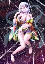 Rule 34 | 1girl, absurdres, arachne, arthropod girl, blush, breasts, bug, chain, cleavage, highres, insect girl, japanese clothes, large breasts, legs, lips, monster girl, original, red eyes, short hair, silk, spider, spider girl, taur, thighs, user amwg5747