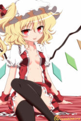 Rule 34 | 1girl, bad id, bad nicoseiga id, black thighhighs, blonde hair, blush, breasts, fang, flandre scarlet, highres, isa, no bra, open clothes, open shirt, panties, pantyshot, pink panties, red eyes, shirt, side ponytail, skirt, small breasts, smile, solo, thighhighs, touhou, underwear, upskirt, wings