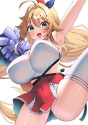 Rule 34 | 1girl, ahoge, arm up, armpits, azur lane, blonde hair, blue ribbon, blush, breasts, cheerleader, covered navel, green hair, hair between eyes, hair intakes, hair ribbon, highres, huge breasts, le temeraire (azur lane), le temeraire (cheering star) (azur lane), leg up, long hair, looking at viewer, official alternate costume, open mouth, pom pom (cheerleading), red ribbon, red skirt, ribbon, simple background, sino rameko, skirt, smile, solo, sweat, taut clothes, thighhighs, two-tone ribbon, very long hair, white background, white thighhighs