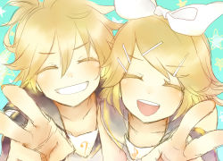 Rule 34 | 1boy, 1girl, ^ ^, blonde hair, bow, brother and sister, closed eyes, grin, hair bow, hair ornament, hairclip, kagamine len, kagamine rin, open mouth, ria (rilpoppo), short hair, siblings, sketch, smile, twins, v, vocaloid