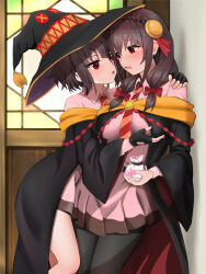 Rule 34 | 2girls, absurdres, against wall, arm around shoulder, asymmetrical docking, bag, belt, black belt, black cape, black gloves, black hair, black headwear, blush, bow, braid, breast press, breasts, cape, collared shirt, commentary request, cowboy shot, crown braid, eye contact, eyelashes, fingerless gloves, furrowed brow, gibun (sozoshu), gloves, grabbing, grabbing another&#039;s breast, hair bow, hair ribbon, hand up, hat, highres, holding, holding bag, hug, imminent kiss, indoors, kono subarashii sekai ni bakuen wo!, kono subarashii sekai ni shukufuku wo!, large breasts, long hair, long sleeves, looking at another, low twintails, megumin, miniskirt, multiple girls, necktie, nose, open mouth, pantyhose, pink shirt, pink skirt, pleated skirt, red bow, red eyes, red ribbon, ribbon, school uniform, shirt, short hair, shy, side ponytail, sidelocks, skirt, small breasts, standing, striped necktie, tears, thighs, twintails, wide sleeves, witch hat, yunyun (konosuba), yuri