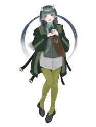 Rule 34 | 1girl, black footwear, blunt bangs, brown nails, earrings, erk07, facial mark, film grain, fingernails, gem, green gemstone, green jacket, green pantyhose, grey background, grey hair, grey horns, highres, holding, holding weapon, hood, hood down, hooded jacket, horns, jacket, jewelry, long hair, looking at viewer, open clothes, open jacket, open mouth, original, pantyhose, patterned, patterned clothing, pinky ring, pointy ears, ring, scabbard, sheath, sheathed, signature, simple background, solo, teeth, triangle, twitter username, weapon, yellow eyes