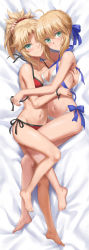 Rule 34 | 2girls, ahoge, artoria pendragon (fate), artoria pendragon (swimsuit archer) (fate), barefoot, bed sheet, bikini, blonde hair, blue ribbon, blush, bracelet, braid, breasts, closed mouth, dakimakura (medium), fang, fate/grand order, fate (series), full body, green eyes, hair ribbon, hand on another&#039;s back, hand on another&#039;s head, hand on another&#039;s waist, highres, hug, jewelry, long hair, looking at viewer, medium breasts, mordred (fate), mordred (fate) (all), mordred (swimsuit rider) (fate), mother and daughter, multiple girls, navel, red scrunchie, revision, ribbon, scrunchie, side-tie bikini bottom, smile, swimsuit, tonee, untied bikini