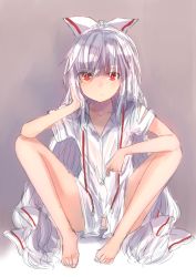 Rule 34 | 1girl, albino, bad id, bad twitter id, barefoot, bow, cigarette, dress shirt, flat chest, fujiwara no mokou, full body, gradient background, hair bow, hair ornament, hair ribbon, legs up, long hair, looking at viewer, no pants, panties, pokan (xz1128), red eyes, ribbon, shirt, short sleeves, simple background, sitting, solo, spread legs, torn clothes, torn sleeves, touhou, underwear, very long hair, white hair