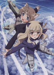 Rule 34 | 2girls, absurdres, blonde hair, blue eyes, brown hair, day, highres, long hair, lynette bishop, multiple girls, official art, pantyhose, perrine h. clostermann, scan, scan artifacts, shimada fumikane, sky, smile, strike witches, striker unit, world witches series, yellow eyes