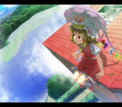 Rule 34 | 1girl, ascot, blonde hair, blue sky, blush, cloud, cloudy sky, day, flandre scarlet, hat, highres, lake, letterboxed, misty lake, newpaper, newspaper, on roof, parasol, red eyes, rock, rooftop, short hair, side ponytail, sitting, sitting on rock, sitting on roof, skirt, skirt set, sky, smile, solo, touhou, tree, umbrella, wings, wrr, wrwr