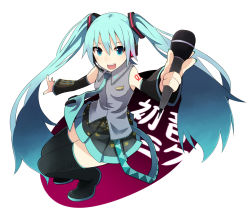 Rule 34 | 1girl, aqua eyes, aqua hair, boots, character name, detached sleeves, hatsune miku, highres, keid, long hair, microphone, necktie, open mouth, skirt, solo, thigh boots, thighhighs, twintails, very long hair, vocaloid