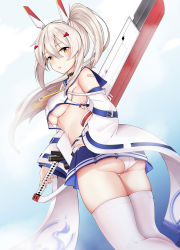 Rule 34 | 1girl, ass, ayanami (azur lane), azur lane, bandaid, bandaid on arm, blue sailor collar, blue skirt, blush, breasts, commentary request, crop top, crop top overhang, detached sleeves, hair between eyes, hair ornament, hairclip, hand on own hip, headgear, high ponytail, highres, holding, holding sword, holding weapon, lenxiao, long hair, long sleeves, looking at viewer, looking back, medium breasts, panties, parted lips, pleated skirt, ponytail, remodel (azur lane), sailor collar, school uniform, serafuku, shirt, silver hair, skirt, sleeveless, sleeveless shirt, sleeves past wrists, solo, sword, thighhighs, underboob, underwear, very long hair, weapon, white panties, white shirt, white sleeves, white thighhighs, wide sleeves, yellow eyes