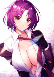Rule 34 | 1girl, absurdres, bazett fraga mcremitz, black gloves, blush, breasts, center opening, cleavage, collarbone, collared shirt, dress shirt, earrings, fate/hollow ataraxia, fate (series), formal, gloves, highres, jewelry, large breasts, long sleeves, looking at viewer, necktie, parted bangs, parted lips, purple necktie, purple suit, red eyes, red hair, shiraiwa usagi, shirt, short hair, solo, suit, white shirt
