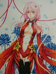 Rule 34 | 10s, 1girl, bare shoulders, black thighhighs, breasts, center opening, cleavage, detached sleeves, elbow gloves, fingerless gloves, gloves, guilty crown, hair ornament, hairclip, itsuru, long hair, looking at viewer, marker (medium), navel, open mouth, pink hair, red eyes, solo, thighhighs, traditional media, twintails, yuzuriha inori