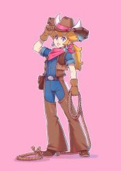 Rule 34 | 1girl, adjusting clothes, adjusting headwear, belt, blonde hair, brown hat, chaps, cow horns, cowboy hat, cowgirl (western), cowgirl peach, eyelashes, fake horns, gloves, hat, highres, horned headwear, horns, lasso, looking at viewer, mario (series), nintendo, official alternate costume, pink background, ponytail, princess peach, princess peach: showtime!, saiwo (saiwoproject), scarf, simple background, solo