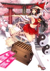 Rule 34 | 1girl, armpits, between fingers, black hair, bow, box, breasts, brown eyes, cherry blossoms, coin, crop top, detached sleeves, donation box, geta, gohei, hair bow, hair tubes, hakurei reimu, highres, holding, large breasts, long hair, long sleeves, midriff, navel, neckerchief, no bra, open mouth, petals, rope, shimenawa, shiny skin, shirt, sideboob, skindentation, skirt, skirt set, solo, spell card, takibi (tamikyo), thighhighs, torii, touhou, tree, very long hair, white thighhighs, wide sleeves, yin yang