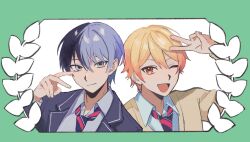 Rule 34 | 2boys, :d, aoyagi touya, arm up, blonde hair, blue eyes, blue hair, cardigan, closed mouth, collared shirt, commentary, dark blue hair, diagonal-striped clothes, diagonal-striped necktie, gradient hair, hand up, highres, kamiyama high school uniform (project sekai), lapels, long sleeves, looking at viewer, male focus, mole, mole under eye, multicolored hair, multiple boys, necktie, notched lapels, one eye closed, open collar, open mouth, orange eyes, orange hair, project sekai, school uniform, shirt, short hair, smile, sorase (so17p), split, standing, standing on one leg, standing split, striped clothes, tenma tsukasa, two-tone hair, upper body, v, yellow cardigan