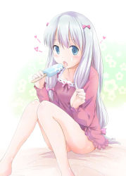 Rule 34 | 10s, 1girl, arino hiroshi, barefoot, blue eyes, blush, eating, eromanga sensei, food, frills, grey hair, hands up, heart, highres, holding, holding food, ice cream, izumi sagiri, knees together feet apart, knees up, long hair, long sleeves, looking at viewer, open mouth, pajamas, popsicle, sexually suggestive, sitting, solo, suggestive fluid, thighs, white hair