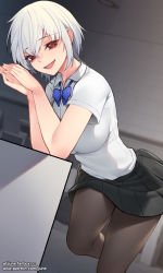 Rule 34 | 1girl, bow, bowtie, breasts, collared shirt, highres, jjune, large breasts, leaning, looking at viewer, open mouth, original, pantyhose, red eyes, shirt, short hair, silver hair, skirt, smile, solo, standing, standing on one leg