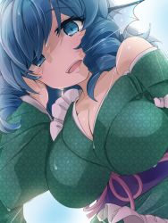 Rule 34 | 1girl, blue eyes, blue hair, blue sash, breasts, cleavage, drill hair, drill sidelocks, fins, from below, green kimono, hand in own hair, head fins, highres, japanese clothes, kimono, large breasts, long sleeves, looking at viewer, medium hair, off shoulder, open mouth, sash, sidelocks, solo, touhou, tyouseki, upper body, wakasagihime, wet