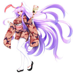 Rule 34 | 1girl, absurdly long hair, animal ears, breasts, full body, furisode, highres, japanese clothes, kimono, kou (inaba), large breasts, light purple hair, long hair, looking at viewer, obi, open mouth, rabbit ears, red eyes, reisen udongein inaba, sash, short kimono, simple background, solo, tabi, thighhighs, touhou, very long hair, white background, white thighhighs, wide sleeves, zettai ryouiki