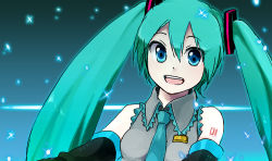 Rule 34 | 1girl, :d, aqua hair, bare shoulders, blue eyes, blue necktie, breasts, detached sleeves, hatsune miku, kamoi hayato, looking at viewer, necktie, open mouth, smile, solo, tattoo, twintails, vocaloid