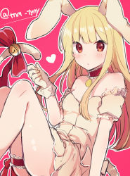 Rule 34 | 1girl, animal ears, bad id, bad pixiv id, bare shoulders, bell, blonde hair, breasts, bridal garter, copyright request, detached sleeves, dress, feet out of frame, gloves, hand up, heart, highres, ikeuchi tanuma, jingle bell, long hair, looking at viewer, neck garter, pink background, rabbit ears, red eyes, ribbon, short dress, simple background, sitting, small breasts, solo, tail, tail bell, tail ornament, tail ribbon, twitter username, white gloves, wide-eyed
