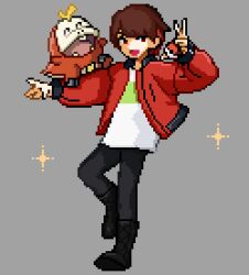 Rule 34 | 1boy, black footwear, black pants, boots, brown hair, colored tips, commentary request, creatures (company), fuecoco, full body, game freak, grey background, hands up, highres, holding, holding poke ball, jacket, jiz (pffbq), kiyo (youtuber), long sleeves, looking at viewer, male focus, multicolored hair, nintendo, open mouth, pants, pixel art, poke ball, pokemon, pokemon (creature), real life, red hair, red jacket, shirt, simple background, solo, sparkle, standing, standing on one leg, v, white shirt