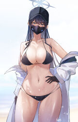 Rule 34 | 1girl, bare shoulders, bikini, black bikini, black gloves, black hat, blue archive, blue eyes, blue hair, blurry, blurry background, blush, breasts, cleavage, collarbone, covered mouth, cowboy shot, gloves, gluteal fold, halo, hand on own hip, hat, highres, large breasts, long hair, long sleeves, looking at viewer, mask, mouth mask, navel, off shoulder, outdoors, saori (blue archive), sea nami, standing, stomach, swimsuit, thighs