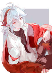 Rule 34 | 1boy, absurdres, border, brown shirt, closed mouth, genshin impact, grey background, highres, iiumiarts, jacket, jacket partially removed, jewelry, kaedehara kazuha, long sleeves, looking at viewer, low ponytail, male focus, medium hair, multicolored hair, necklace, outside border, red eyes, red hair, red jacket, shirt, short ponytail, smile, solo, turtleneck, white border, white hair, white jacket
