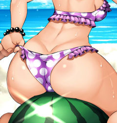 Rule 34 | 1girl, adjusting clothes, adjusting swimsuit, ass, bad id, bad pixiv id, beach, bikini, bracelet, butt crack, close-up, day, decchi oyabun, food, from behind, fruit, gradient background, jewelry, ocean, original, polka dot, polka dot bikini, polka dot swimsuit, purple bikini, sitting, solo, sweat, swimsuit, watermelon