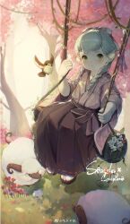 Rule 34 | 1girl, bird, blonde hair, braid, brown skirt, closed mouth, dappled sunlight, final fantasy, final fantasy xiv, forest, full body, green eyes, guippang, highres, japanese clothes, kimono, lalafell, light blush, long hair, long skirt, looking at viewer, nature, okobo, pink kimono, pointy ears, sandals, sheep, skirt, solo, standing on swing, sunlight, tree, twin braids, warrior of light (ff14)
