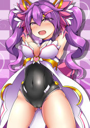 Rule 34 | 1girl, aisha landar, blush, breasts, cameltoe, dimension witch (elsword), elsword, eyes visible through hair, hair between eyes, heart, heart-shaped pupils, highres, leotard, magical girl, medium breasts, open mouth, purple hair, simple background, solo, steelycross, symbol-shaped pupils, twintails