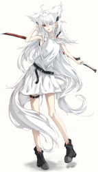 Rule 34 | animal ears, belt, black footwear, commentary request, earrings, extra ears, fox ears, fox girl, fox tail, grey eyes, hair between eyes, heterochromia, highres, holding, holding sword, holding weapon, hood, hoodie, jewelry, katana, looking at viewer, open mouth, original, red eyes, simple background, sleeveless, sumishi (sumisi 3), sword, tail, thigh belt, thigh strap, weapon, white background, white hair, white hoodie