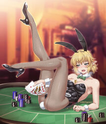 Rule 34 | 1girl, ace (playing card), ace of hearts, alternate costume, anal tail, animal ears, arm support, armpits, between breasts, black footwear, black leotard, blonde hair, blurry, blurry background, blush, bow, bowtie, breasts, breath, bunny day, butt plug, card, character name, collarbone, commentary request, crossed bangs, detached collar, fake animal ears, fake tail, fingernails, fishnet pantyhose, fishnets, frown, full body, green bow, green bowtie, green eyes, heart, high heels, highres, holding, holding card, jack (playing card), jack of hearts, king (playing card), king of hearts (playing card), leg up, leotard, lighter, looking to the side, medium bangs, medium breasts, mizuhashi parsee, on table, ootsuki wataru, open mouth, pantyhose, playboy bunny, playing card, pointy ears, poker chip, poker table, queen (playing card), queen of hearts (playing card), rabbit ears, rabbit tail, royal flush, short hair, solo, sweat, table, tail, ten of hearts, touhou, wing collar, wrist cuffs