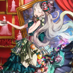 Rule 34 | 1girl, bad id, bad pixiv id, dress, earrings, flower, frilled dress, frills, from side, gloves, hand to own mouth, jewelry, kazune (baumkuchen), long hair, mayu (vocaloid), one eye closed, painting (object), picture frame, solo focus, standing, very long hair, vocaloid, wink, yellow eyes