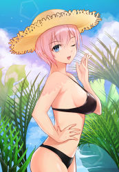 Rule 34 | 1girl, ;d, akitsuki (oenothera), ass, bikini, black bikini, blue sky, breasts, cloud, commentary request, day, facing viewer, from side, go-toubun no hanayome, groin, hand on own hip, hand up, hat, highres, large breasts, leaf, lens flare, midriff, nakano ichika, one eye closed, open mouth, outdoors, pink hair, plant, shade, short hair, sideboob, sky, smile, straw hat, swimsuit