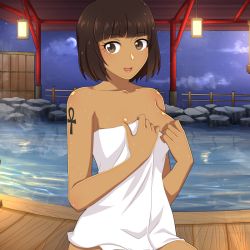 Rule 34 | 1girl, breasts, brown eyes, brown hair, challengia, collarbone, dark-skinned female, dark skin, keychan, looking at viewer, medium breasts, nchans style, night, official art, onsen, open mouth, orcaleon, short hair, sitting, solo, tattoo, arm tattoo, towel, water drop, wet