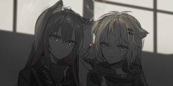 Rule 34 | 2girls, absurdres, animal ear fluff, animal ears, arknights, bad id, bad pixiv id, between fingers, black capelet, black gloves, black hair, black jacket, blurry, blurry background, capelet, chihuri, cigarette, closed mouth, depth of field, ear piercing, fingerless gloves, gloves, grey eyes, grey hair, hair between eyes, hair ornament, hairclip, highres, holding, holding cigarette, jacket, lappland (arknights), long hair, multicolored hair, multiple girls, piercing, red hair, sketch, smile, smoke, streaked hair, texas (arknights), upper body
