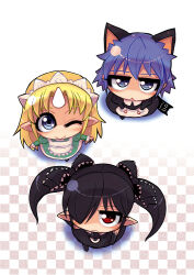 Rule 34 | 3girls, :&gt;, animal ears, apron, backbeako (torotei), backbeard, black dress, black gloves, black hair, black ribbon, black thighhighs, blonde hair, blue eyes, blue hair, blush, cat, cat ears, checkered background, chibi, chibi yami, closed mouth, commentary request, dress, elbow gloves, from above, futaba channel, gegege no kitarou, gloves, green dress, hair over one eye, hair ribbon, horns, jitome, kirin (nijiura maids), long hair, long sleeves, looking at viewer, looking up, maid headdress, multiple girls, nijiura maids, one eye closed, open mouth, original, partial commentary, pointy ears, red eyes, ribbon, ringed eyes, short hair, simple background, single horn, sleeveless, sleeveless dress, smile, thighhighs, torotei, triangle mouth, twintails, waist apron, white apron, white background