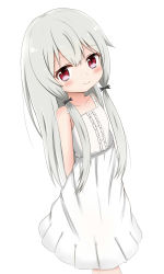 Rule 34 | 10s, 1girl, bare shoulders, blush, center frills, closed mouth, collarbone, commentary request, dress, frills, grey hair, hair between eyes, hair ornament, highres, jiu (sdesd3205), long hair, looking at viewer, pleated dress, red eyes, simple background, sleeveless, sleeveless dress, smile, solo, sophie twilight, tonari no kyuuketsuki-san, very long hair, white background, white dress