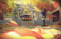 Rule 34 | 1girl, autumn, autumn leaves, backpack, bad id, bad pixiv id, bag, black thighhighs, brown footwear, brown hair, day, from side, industrial pipe, long sleeves, looking away, minakami tansan, original, outdoors, red skirt, scenery, school uniform, short hair, short ponytail, skirt, solo, stairs, standing, stone lantern, thighhighs, torii, train, tree, zettai ryouiki