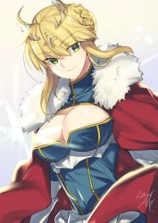 Rule 34 | 1girl, armor, armored dress, artoria pendragon (all), artoria pendragon (fate), artoria pendragon (lancer) (fate), blonde hair, blush, braid, braided bun, breasts, cape, cleavage, cleavage cutout, clothing cutout, crown, dress, fate/grand order, fate (series), fur trim, green eyes, hair between eyes, hair bun, highres, large breasts, looking at viewer, nikame, parted lips, saber (fate), shiny skin, short hair, short hair with long locks, sidelocks, smile, solo, upper body