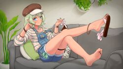 Rule 34 | 1girl, anklet, barefoot, blue eyes, bracelet, couch, efreezerarts, feet, highres, holding, holding clothes, holding footwear, indie virtual youtuber, jewelry, light blush, light green hair, looking at viewer, medium hair, nail polish, overall shorts, overalls, pointy ears, renee tala, sandals, shoe dangle, single sandal, smile, soles, strap slip, toe ring, toenail polish, toenails, toes, virtual youtuber, watch