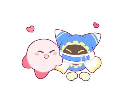 Rule 34 | animal ears, belt, belt buckle, belt collar, blue belt, blue hood, blush stickers, buckle, cape, closed eyes, collar, colored skin, commentary request, covered mouth, disembodied hand, ear covers, gear print, gloves, heart, hug, kae77p, kirby, kirby (series), magolor, nintendo, no humans, open mouth, pink skin, red footwear, scarf, shoes, simple background, smile, white background, white cape, white scarf, yellow gloves