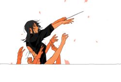 Rule 34 | 1girl, backless outfit, conductor baton, black eyes, black hair, black shirt, breasts, conductor, dark-skinned female, dark skin, disembodied hand, falling petals, from side, hana hana no mi, highres, holding, instrument request, medium hair, nico robin, one piece, outstretched arm, outstretched arms, outstretched hand, petals, shirt, simple background, sleeves rolled up, small breasts, solo, thi (just minhthi), upper body, white background